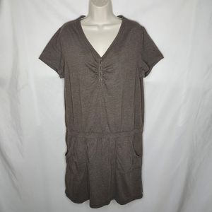 Women Sonoma Shirt Dress Pockets Buttons Short Sleeve Brown V Neck Casual XL
